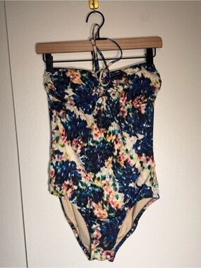 J.CREW Women's preppy Watercolor Ruched Halter Tank One Piece Swimsuit 4
